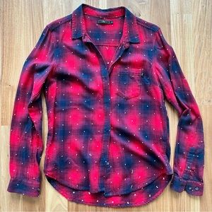 Obey women’s flannel in red white blue with embroidered accents soft size large